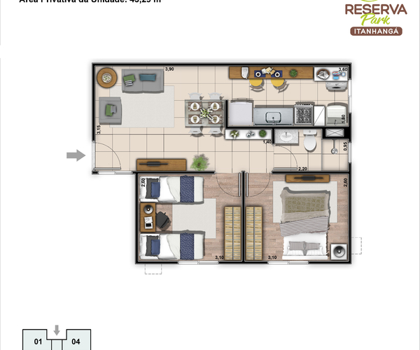 Apartamento à venda em Itanhangá com 43 m²,  2 quartos 
